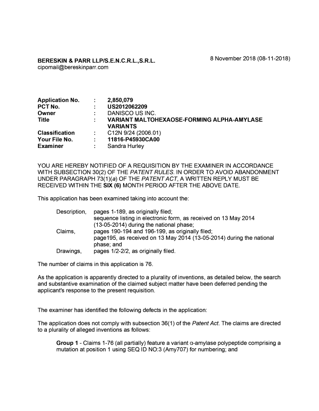 Document de brevet canadien 2850079. Demande d'examen 20181108. Image 1 de 3