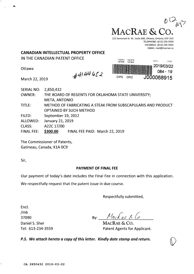 Document de brevet canadien 2850432. Taxe finale 20190322. Image 1 de 1
