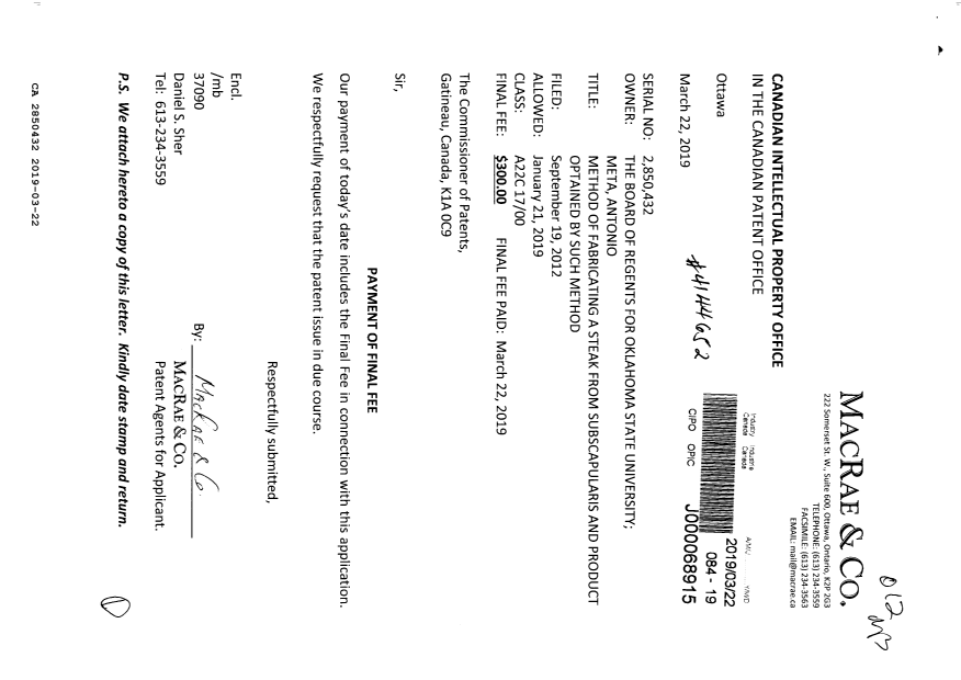Canadian Patent Document 2850432. Final Fee 20190322. Image 1 of 1