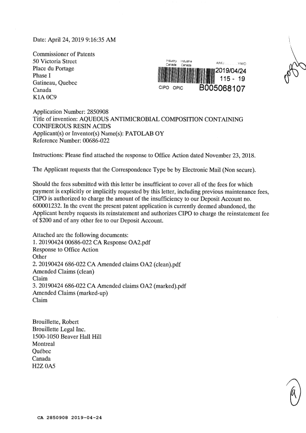 Canadian Patent Document 2850908. Amendment 20190424. Image 1 of 9
