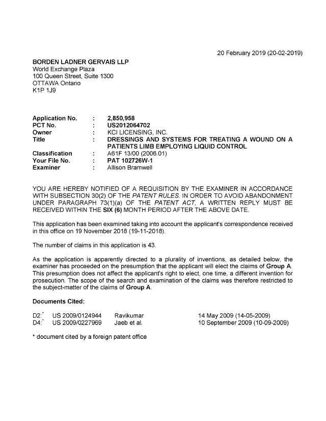 Canadian Patent Document 2850958. Examiner Requisition 20190220. Image 1 of 5