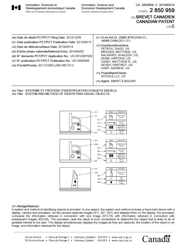 Document de brevet canadien 2850959. Page couverture 20190417. Image 1 de 1