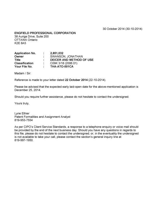 Document de brevet canadien 2851032. Correspondance 20131230. Image 1 de 1