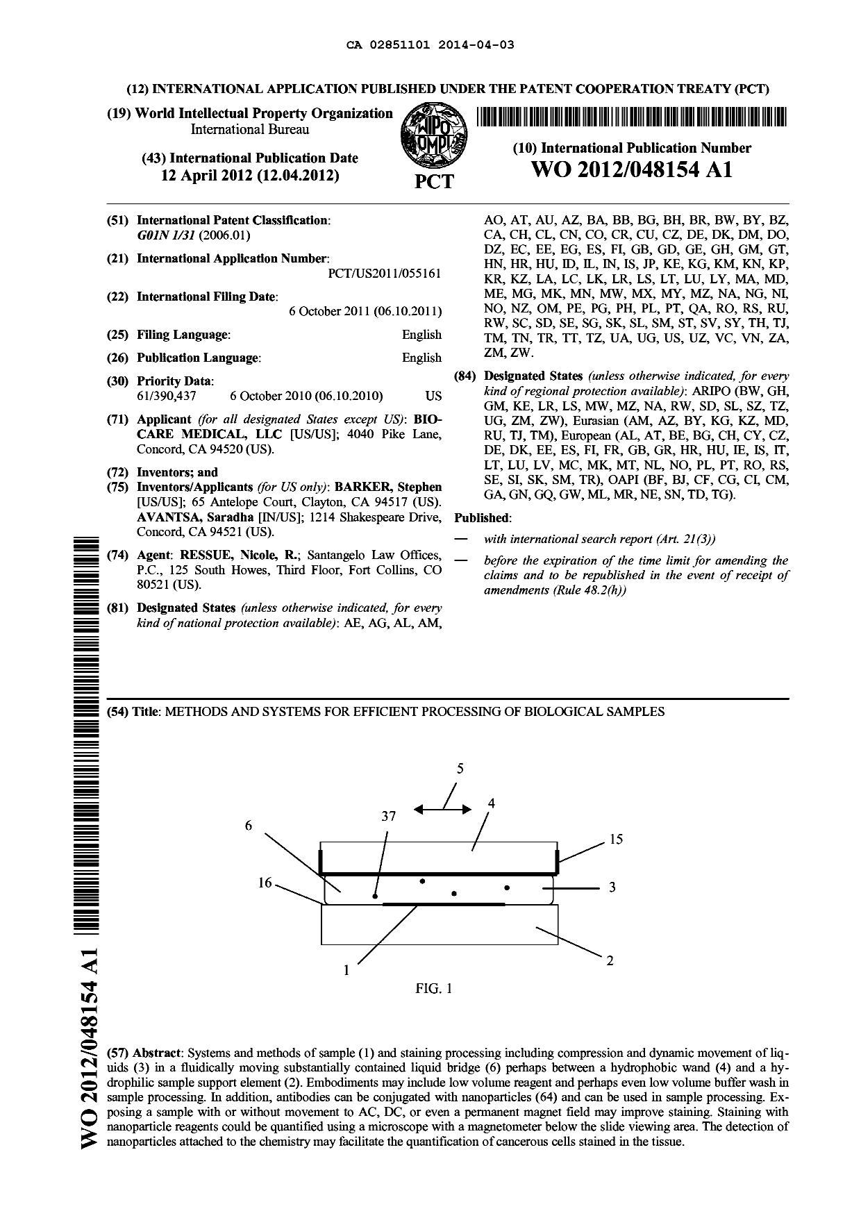 Canadian Patent Document 2851101. Abstract 20131203. Image 1 of 1