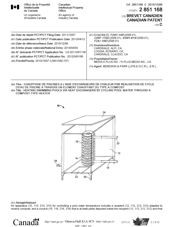 Canadian Patent Document 2851168. Cover Page 20141220. Image 1 of 2