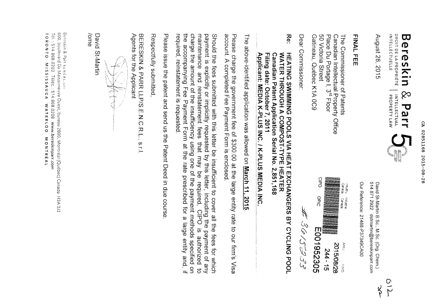 Document de brevet canadien 2851168. Taxe finale 20150828. Image 1 de 1
