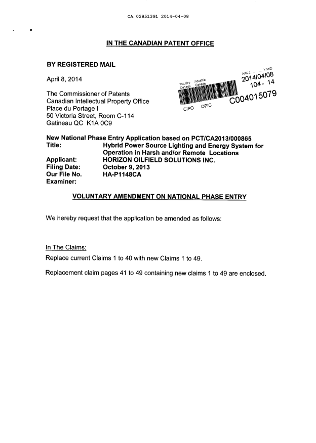 Canadian Patent Document 2851391. Prosecution-Amendment 20131208. Image 1 of 11