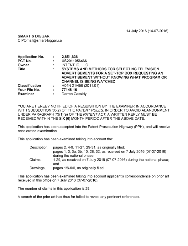 Document de brevet canadien 2851636. Demande d'examen 20160714. Image 1 de 3