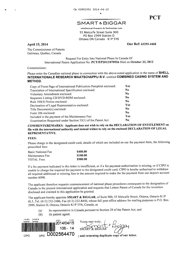 Canadian Patent Document 2852351. Assignment 20140415. Image 1 of 2