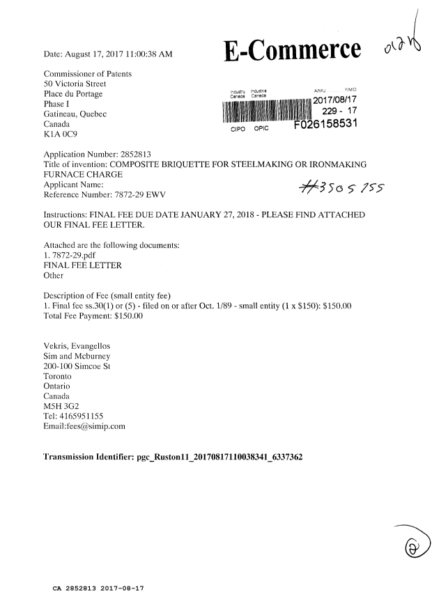 Document de brevet canadien 2852813. Correspondance 20161217. Image 1 de 2