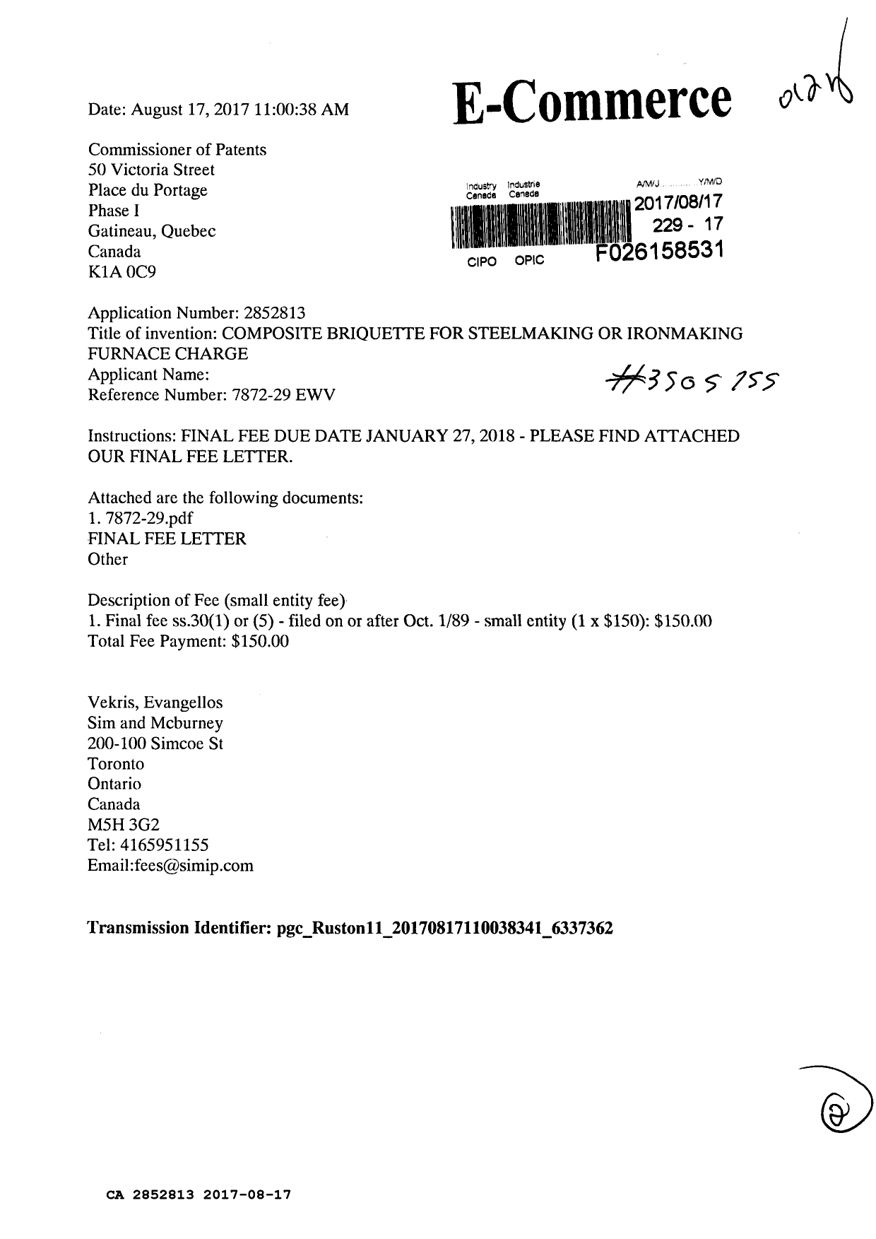 Canadian Patent Document 2852813. Correspondence 20161217. Image 1 of 2
