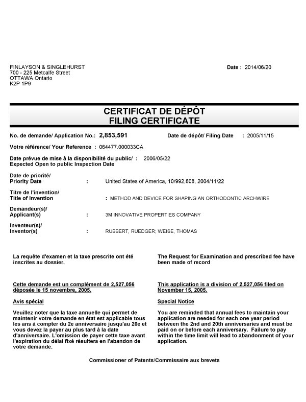 Document de brevet canadien 2853591. Correspondance 20140620. Image 1 de 1