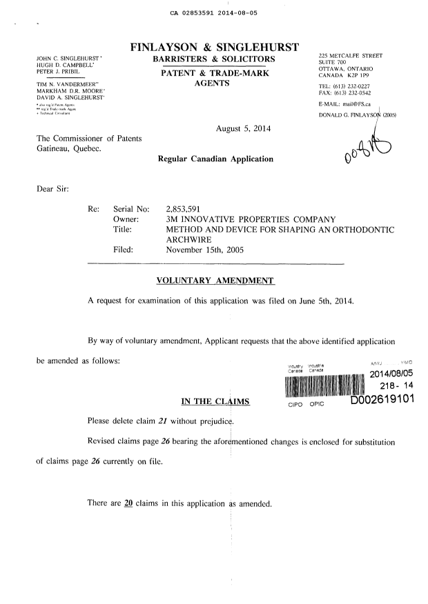 Canadian Patent Document 2853591. Prosecution-Amendment 20140805. Image 1 of 3