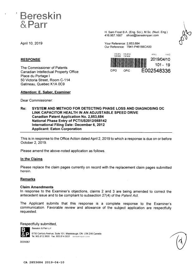 Canadian Patent Document 2853684. Amendment 20190410. Image 1 of 7