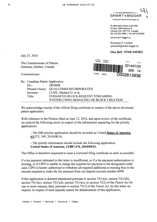 Document de brevet canadien 2854008. Correspondance 20131225. Image 1 de 3