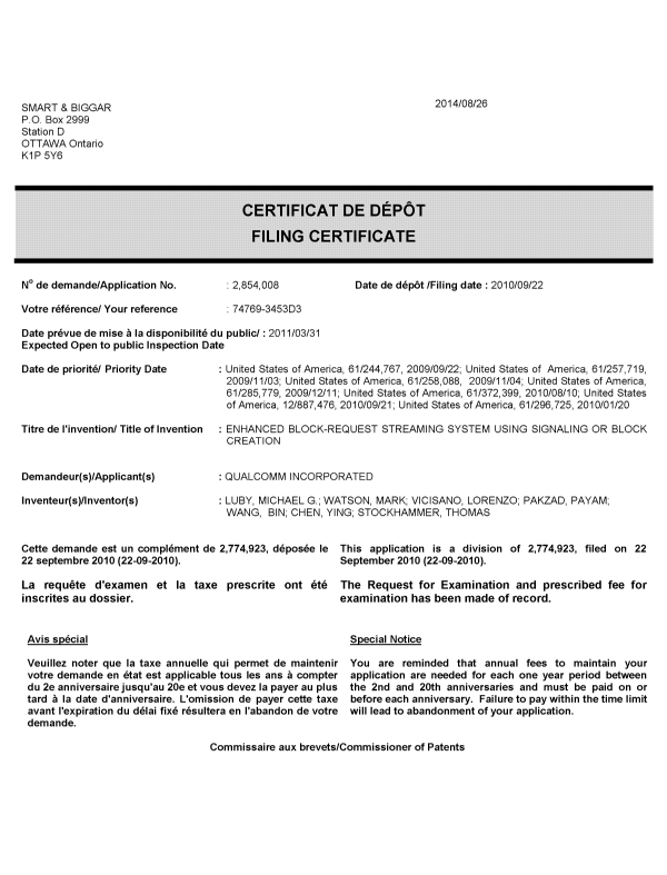 Document de brevet canadien 2854008. Correspondance 20131226. Image 1 de 1