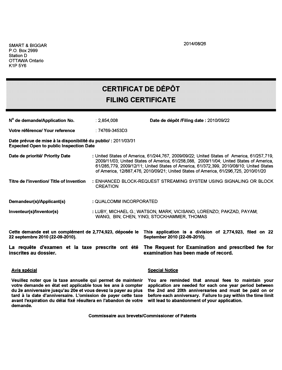 Canadian Patent Document 2854008. Correspondence 20131226. Image 1 of 1