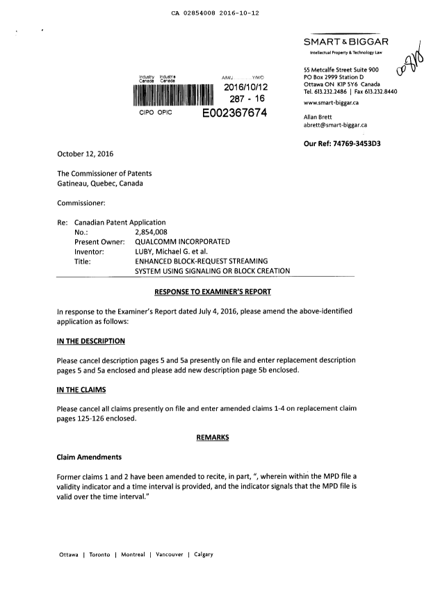 Canadian Patent Document 2854008. Prosecution-Amendment 20151212. Image 1 of 9