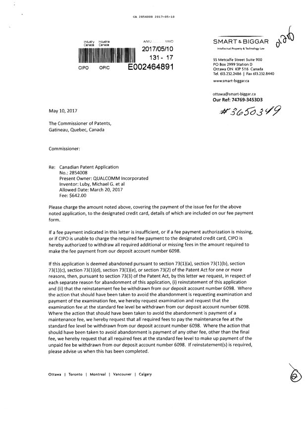 Document de brevet canadien 2854008. Correspondance 20161210. Image 1 de 2