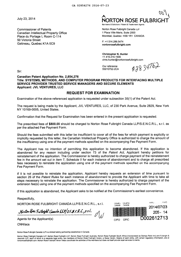 Canadian Patent Document 2854276. Prosecution-Amendment 20140723. Image 1 of 1