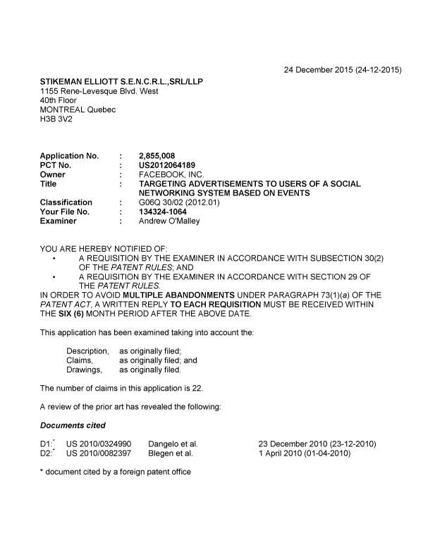 Document de brevet canadien 2855008. Demande d'examen 20151224. Image 1 de 4