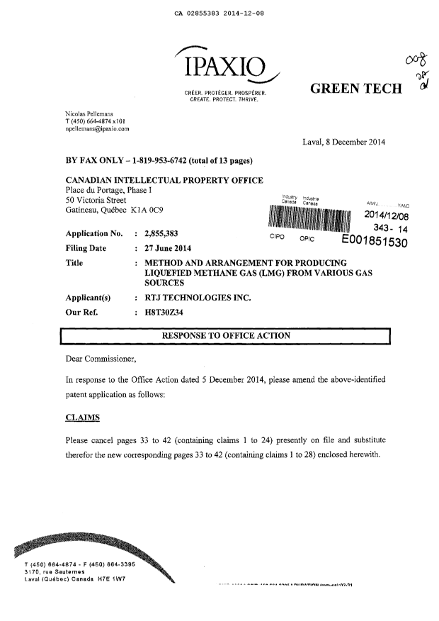 Canadian Patent Document 2855383. Prosecution-Amendment 20131208. Image 1 of 13