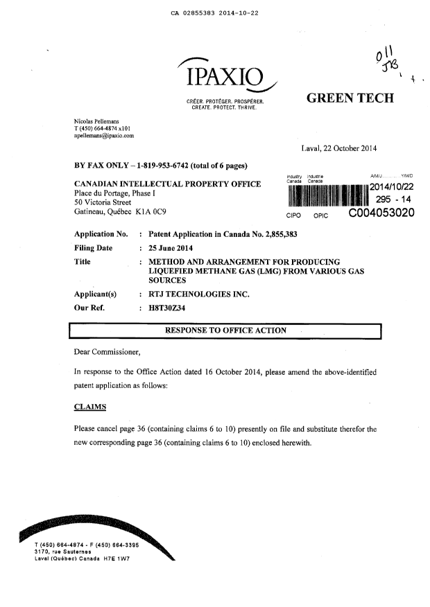 Canadian Patent Document 2855383. Prosecution-Amendment 20131222. Image 1 of 6