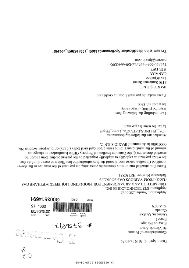 Canadian Patent Document 2855383. Correspondence 20141209. Image 1 of 3
