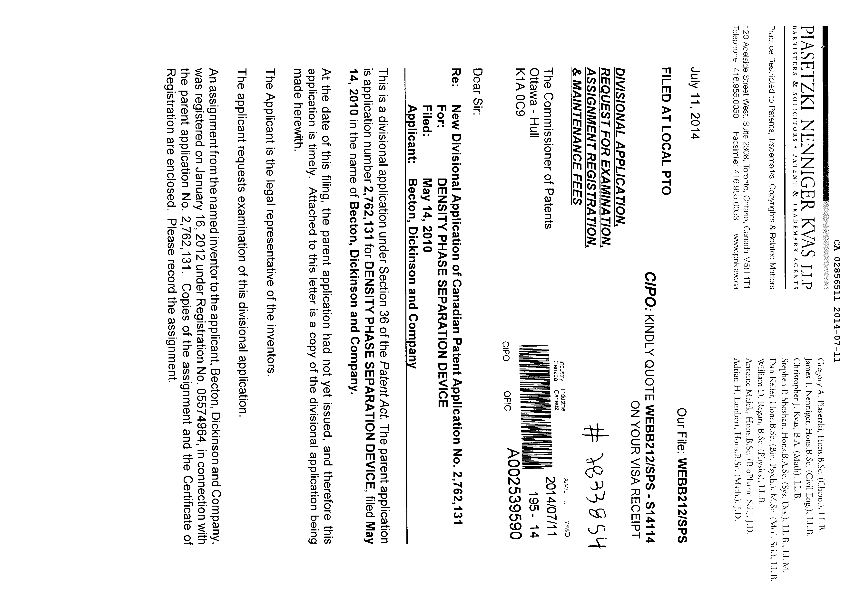 Canadian Patent Document 2856511. Assignment 20131211. Image 1 of 17
