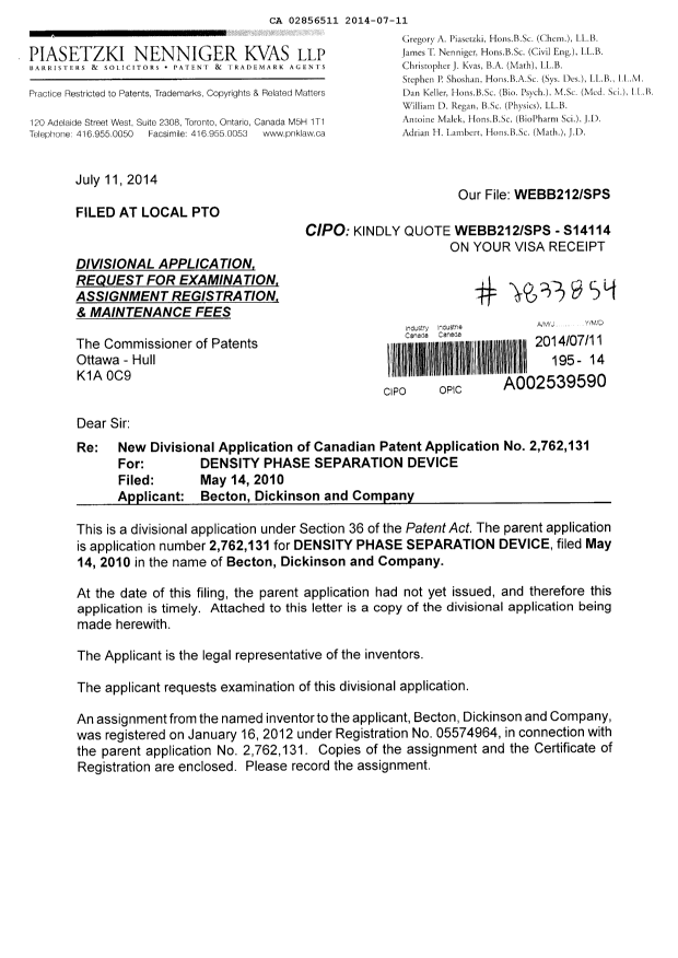 Document de brevet canadien 2856511. Cession 20131211. Image 1 de 17
