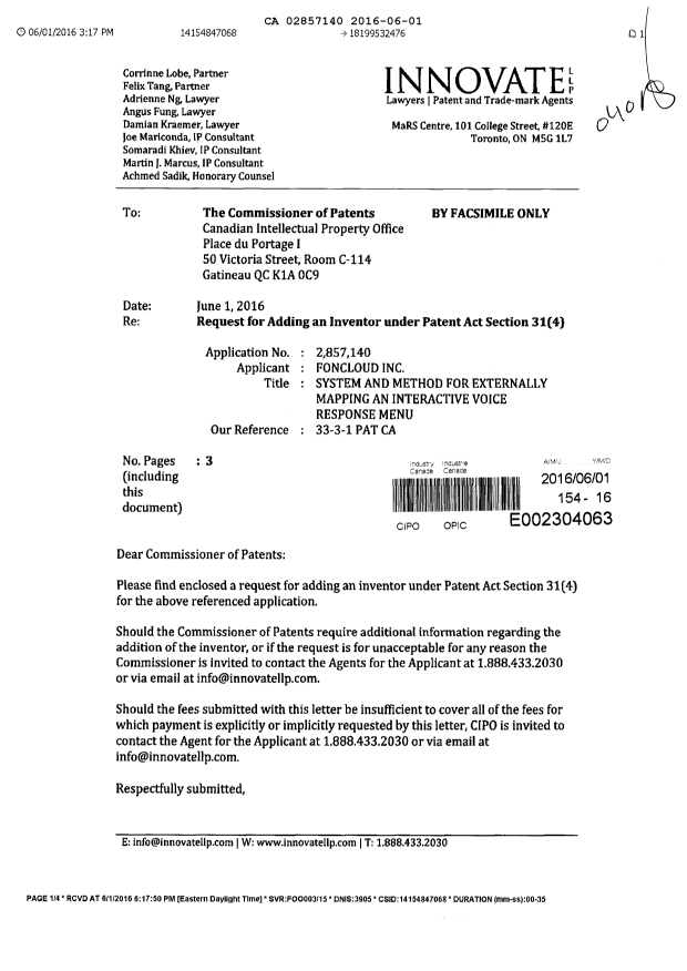 Canadian Patent Document 2857140. Modification to the Applicant/Inventor 20160601. Image 1 of 4