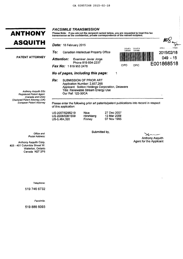 Document de brevet canadien 2857268. Poursuite-Amendment 20141218. Image 1 de 1