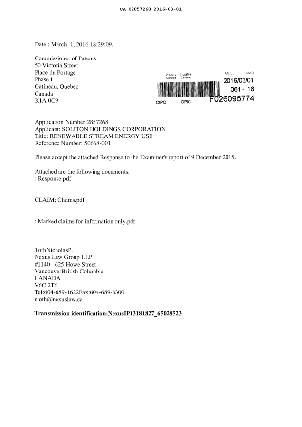 Document de brevet canadien 2857268. Poursuite-Amendment 20151201. Image 1 de 15