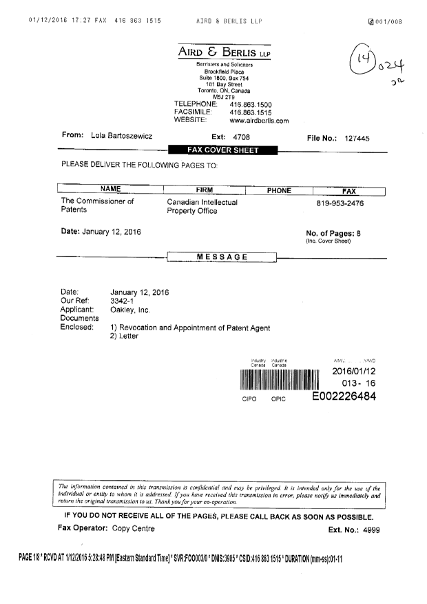 Document de brevet canadien 2857541. Correspondance 20160112. Image 1 de 8