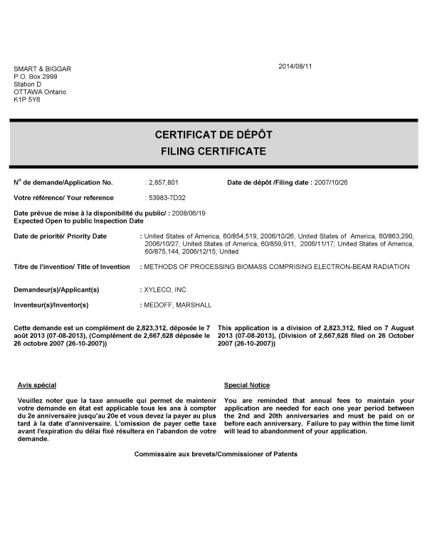 Document de brevet canadien 2857801. Correspondance 20131211. Image 1 de 1