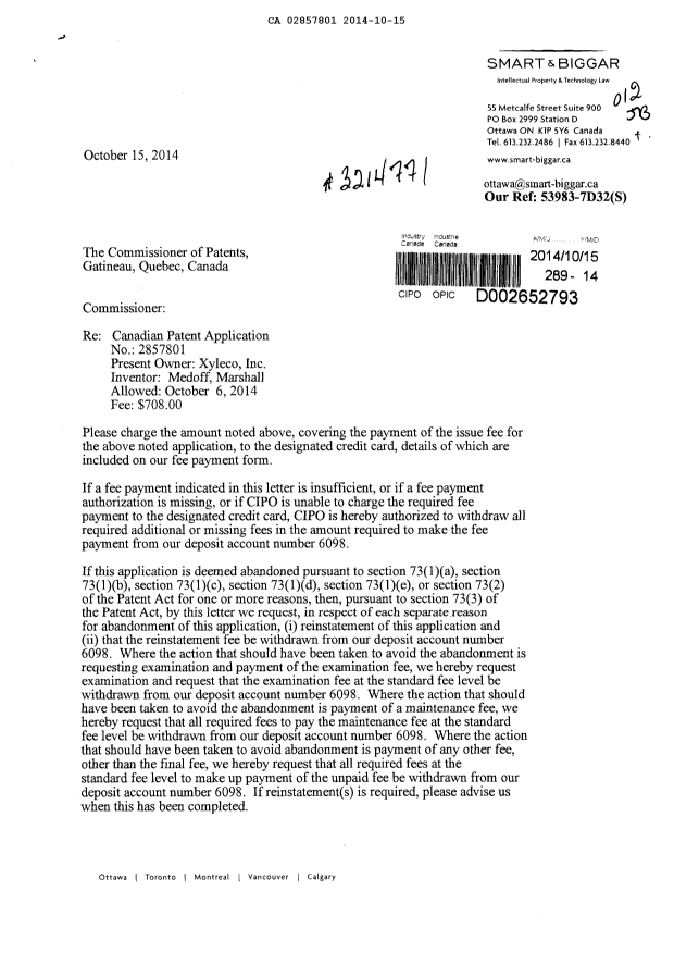 Canadian Patent Document 2857801. Correspondence 20131215. Image 1 of 2