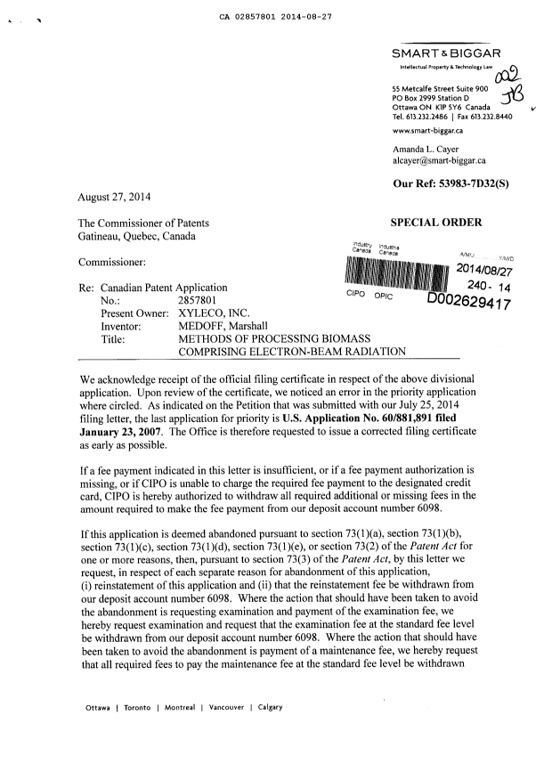 Document de brevet canadien 2857801. Correspondance 20131227. Image 1 de 3