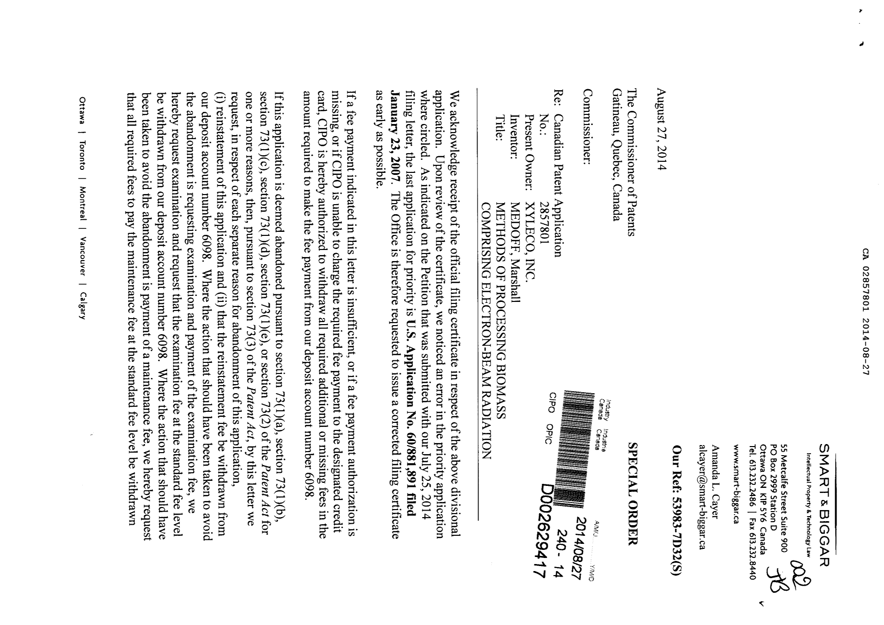 Document de brevet canadien 2857801. Correspondance 20131227. Image 1 de 3
