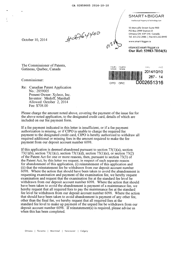 Document de brevet canadien 2859005. Correspondance 20131210. Image 1 de 2