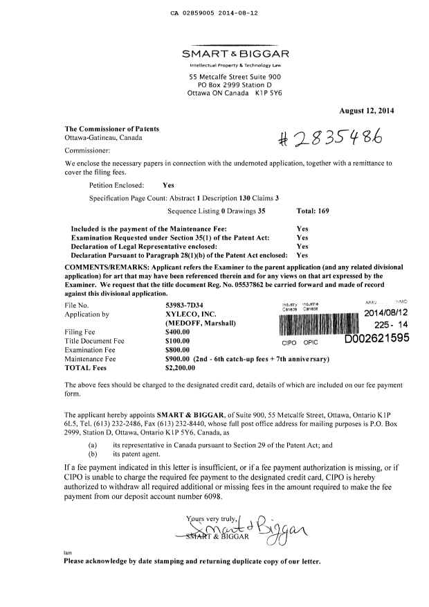 Document de brevet canadien 2859005. Poursuite-Amendment 20140812. Image 1 de 1