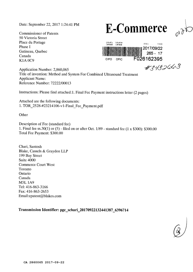 Document de brevet canadien 2860065. Taxe finale 20170922. Image 1 de 3