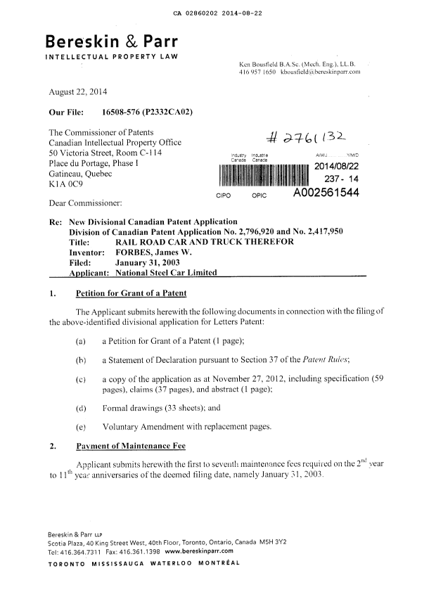 Document de brevet canadien 2860202. Cession 20140822. Image 1 de 4