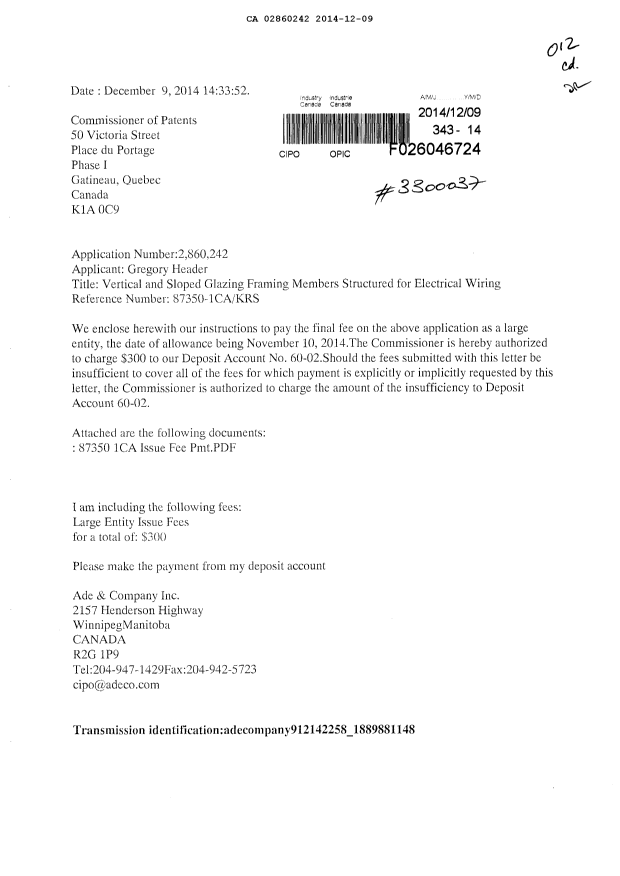 Canadian Patent Document 2860242. Correspondence 20131209. Image 1 of 2