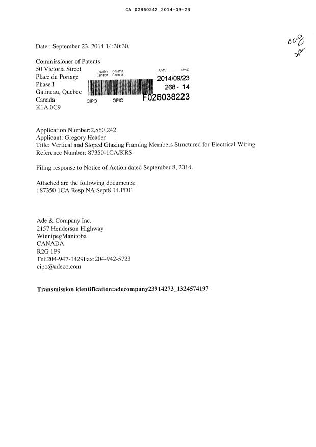 Canadian Patent Document 2860242. Prosecution-Amendment 20140923. Image 1 of 3