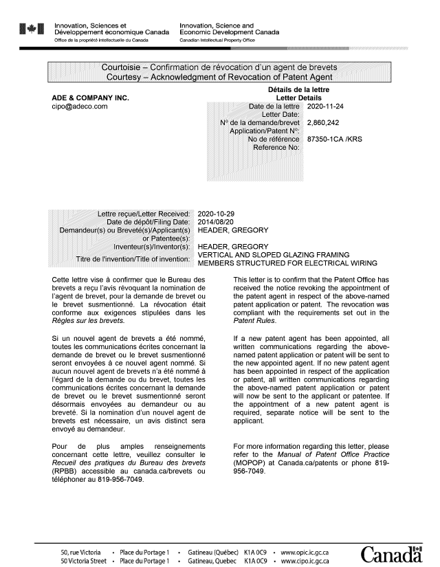 Document de brevet canadien 2860242. Lettre du bureau 20201124. Image 1 de 1
