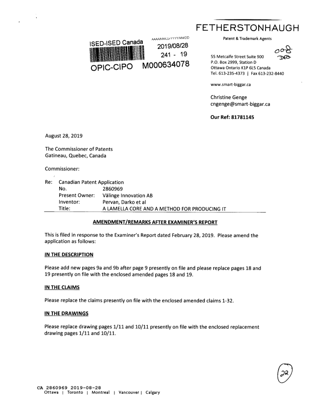 Document de brevet canadien 2860969. Modification 20190828. Image 1 de 22