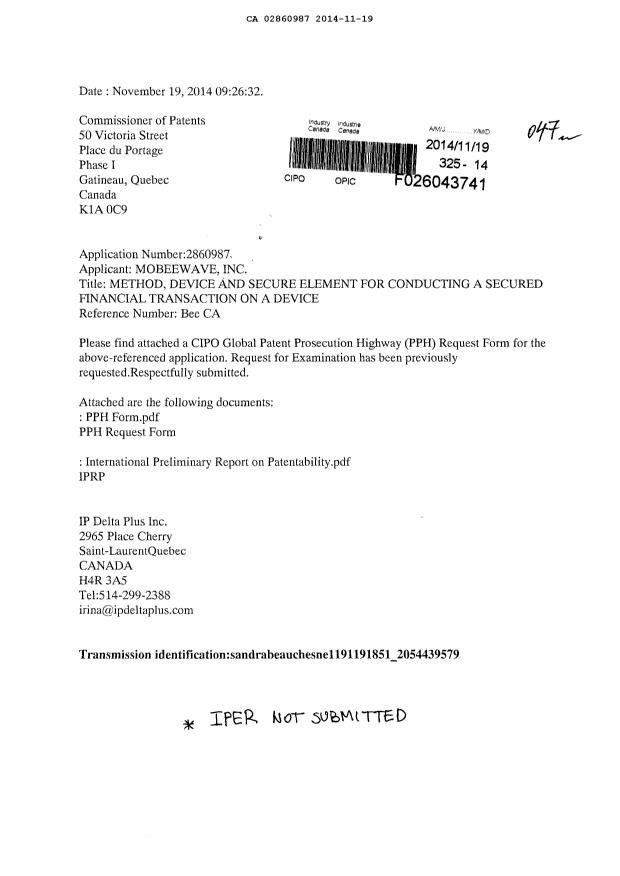 Canadian Patent Document 2860987. Prosecution-Amendment 20131219. Image 1 of 3