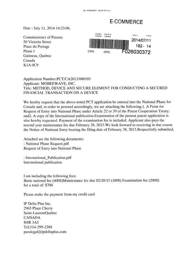 Document de brevet canadien 2860987. Cession 20140711. Image 1 de 7