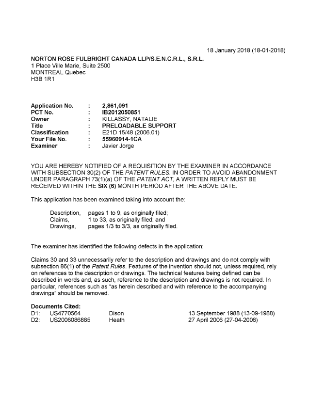 Document de brevet canadien 2861091. Demande d'examen 20180118. Image 1 de 4