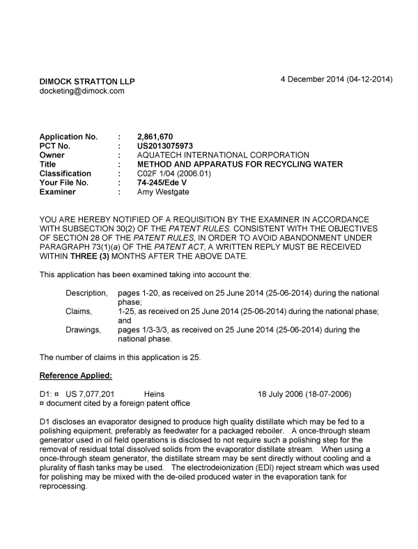 Canadian Patent Document 2861670. Prosecution-Amendment 20131204. Image 1 of 4